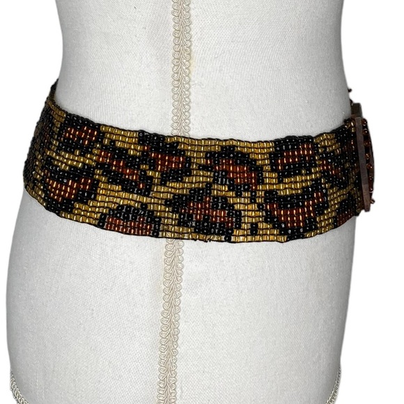 ABOUT COLOR Vintage Leopard Animal Print Wide Beaded Belt Wood Clasp Buckle, S/M - Picture 5 of 11